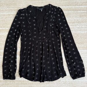 Lucky Brand Black Textured Blouse with Floral Accents
